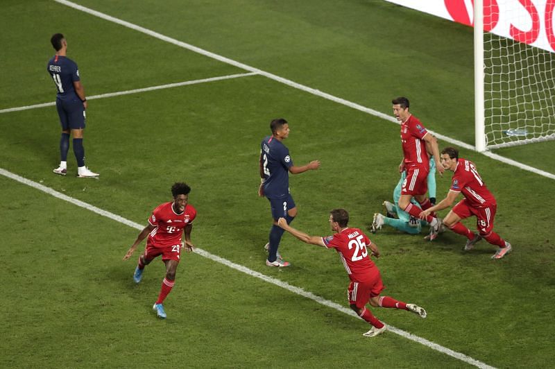 Kingsley Coman wheels away in celebration after scoring Bayern's winner